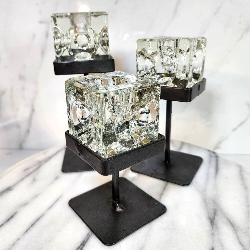 Set 3 Clear Glass Cube Candlestick Holders Peill Putzler Style Modernist